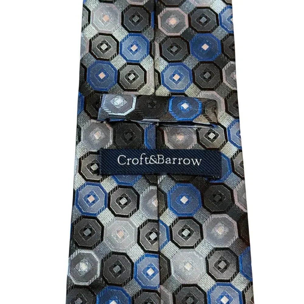 VTG Croft & Barrow‎ Blue Black Silver Geometric Silk Necktie Hexagon Pattern Tie